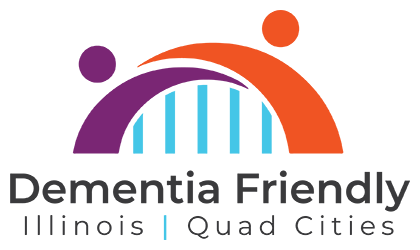 Stylized bridge in teal, purple, and orange over text reading Dementia Friendly Illinois Quad Cities